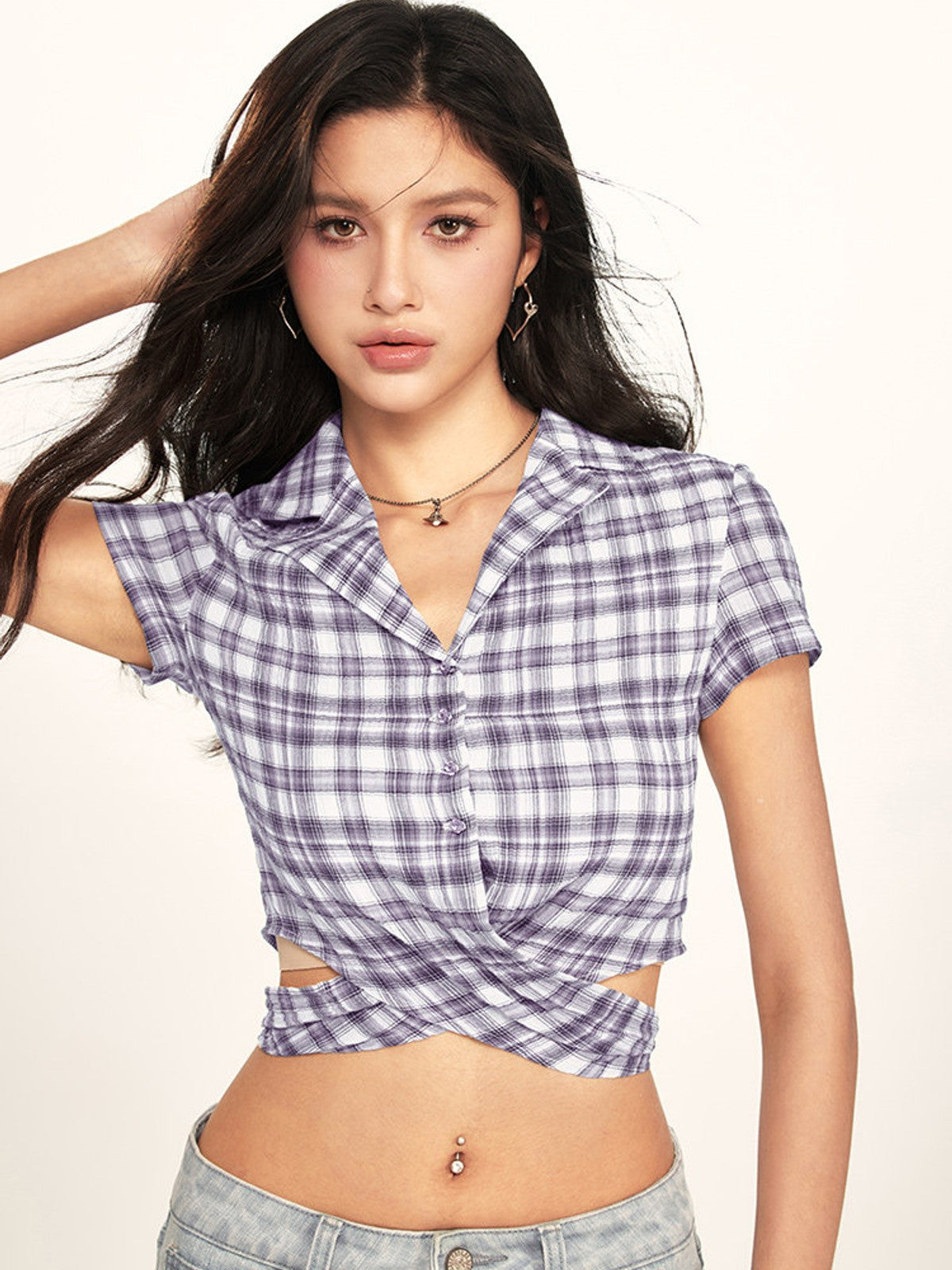 BEERBRO Plaid Cross Front Crop Shirt in Lavender - On Female Model