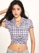 BEERBRO Plaid Cross Front Crop Shirt in Lavender - On Female Model