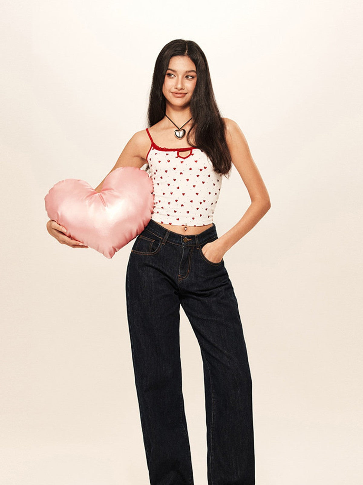 BEERBRO Heart Print Cutout Cami in White - On Female Model