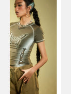 BeerBro Airbrush Butterfly Cutout Tee in Olive - On Female Model