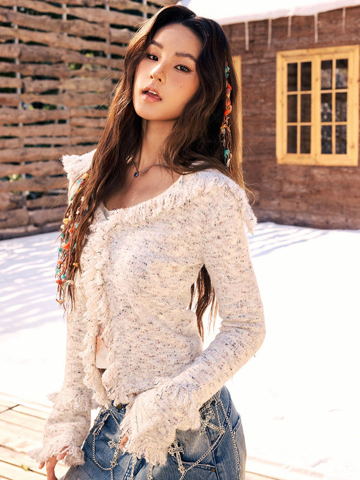 BEERBRO Raw Edge Textured Knit Cardigan in White - On Female Model