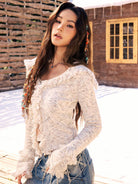 BEERBRO Raw Edge Textured Knit Cardigan in White - On Female Model