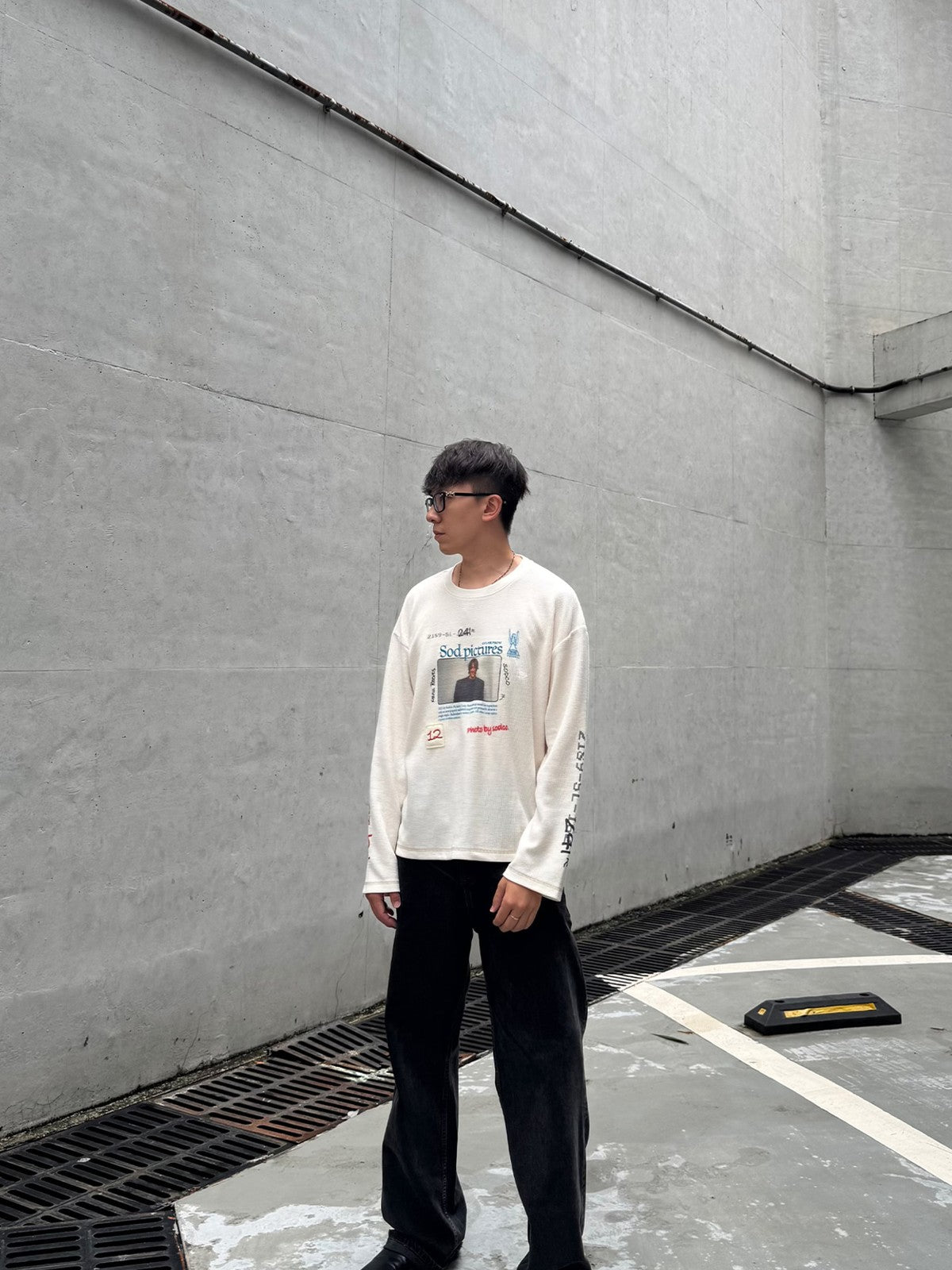 SOD Keanu Graphic Waffle Knit Top in White - On Male Model