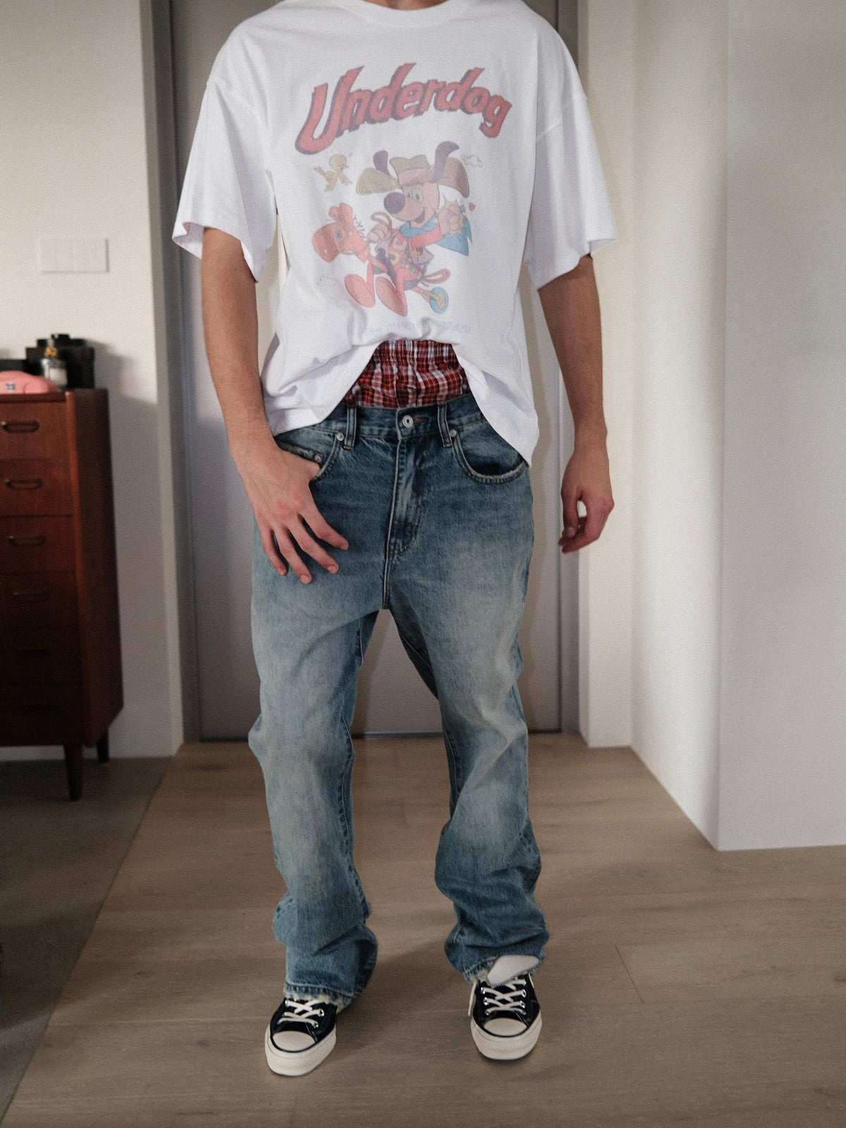 UNKNOWNWORLD Ice Blue Washed Micro Flare Jeans in Blue - On Male Model
