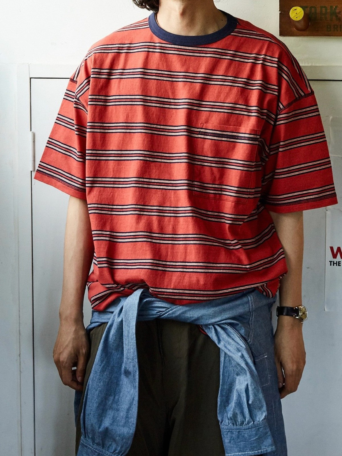 USAGE Retro Striped Cotton T Shirt in Red - On Male Model