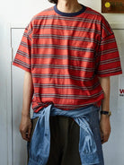 USAGE Retro Striped Cotton T Shirt in Red - On Male Model