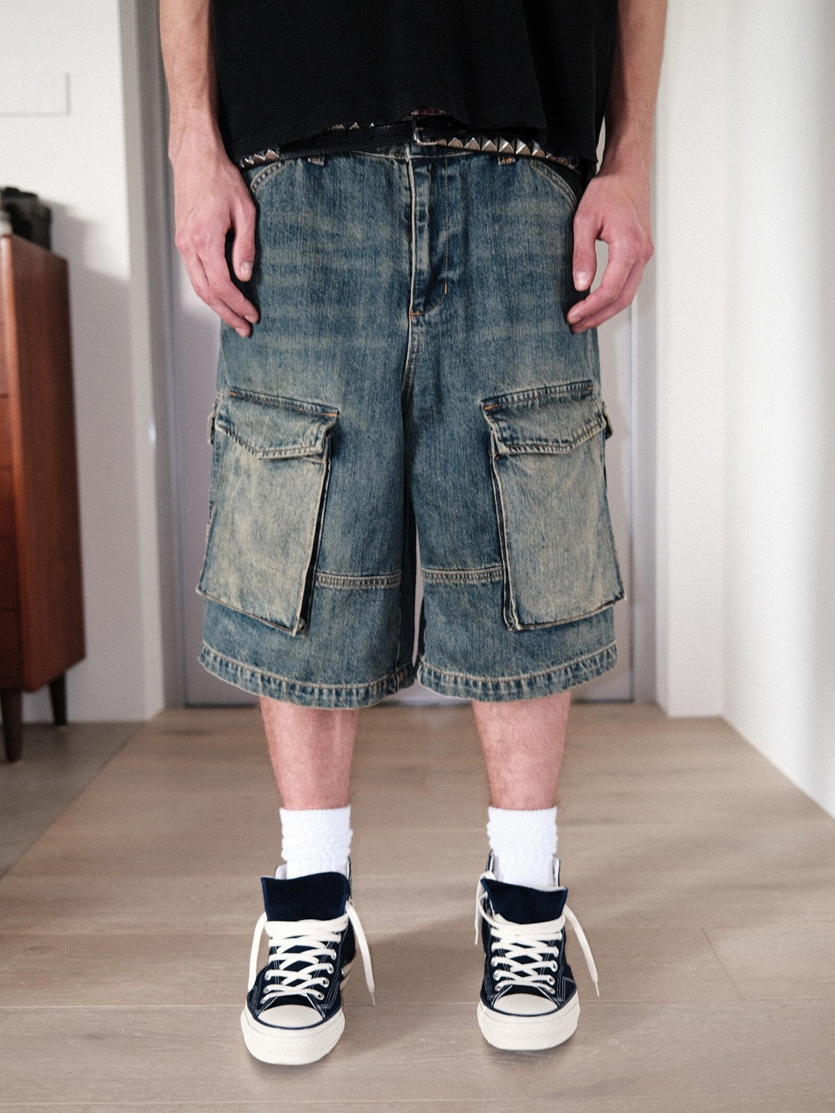 UNKNOWNWORLD Mud Dyed Multi Pocket Denim Shorts in Blue - On Model