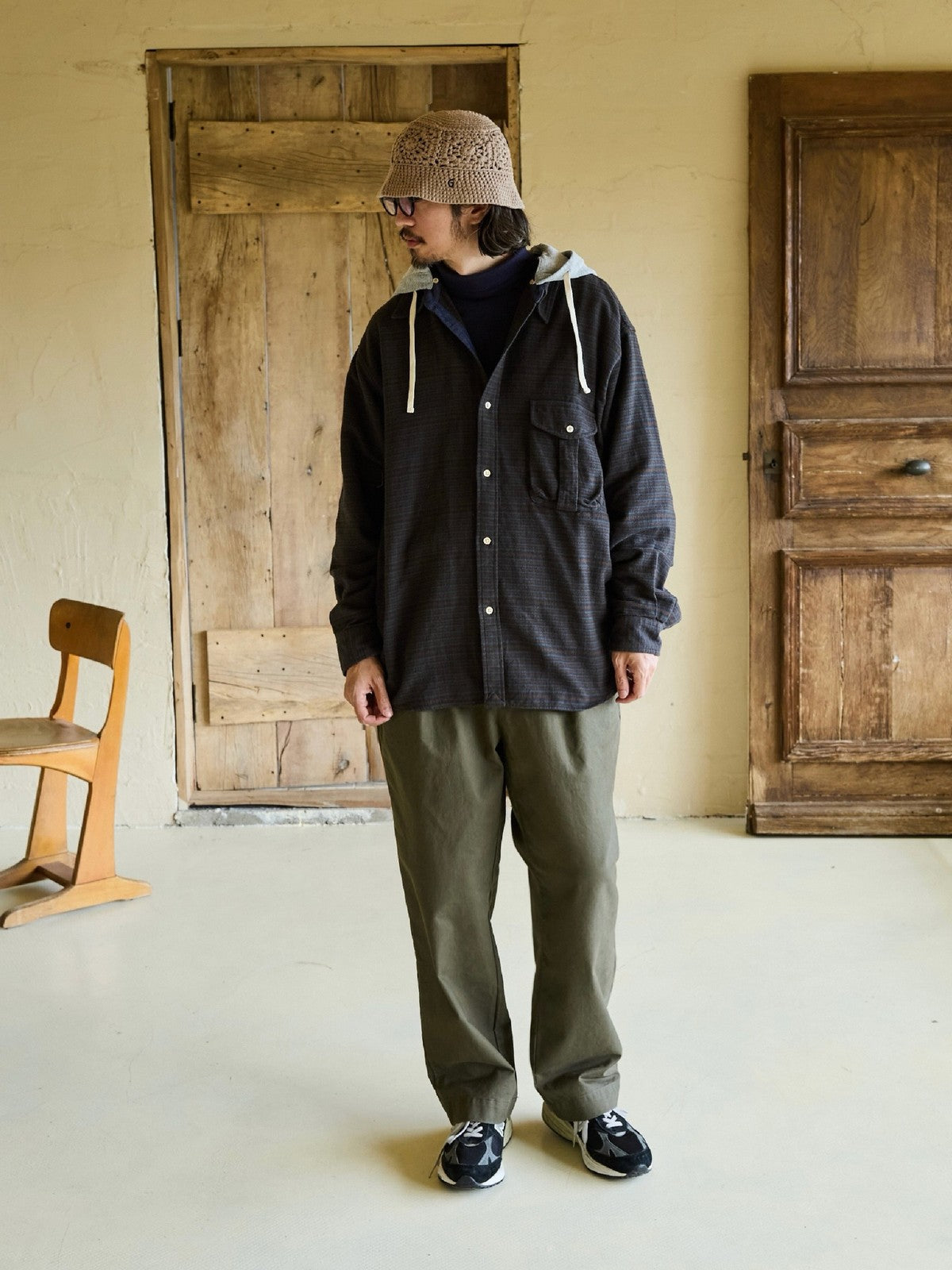 USAGE Detachable Hood Cotton Plaid Shirt in Brown - On Male Model
