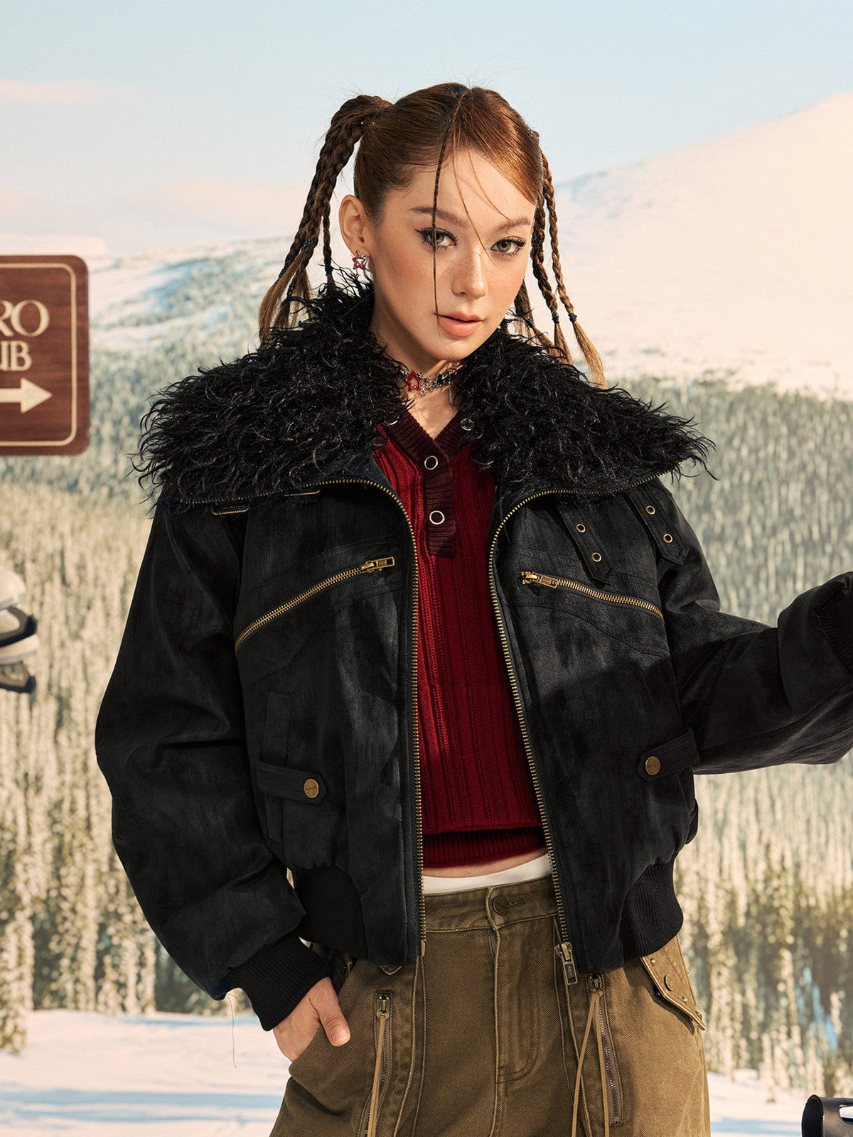 BEERBRO Faux Fur Collar PU Suede Bomber in Black - On Female Model