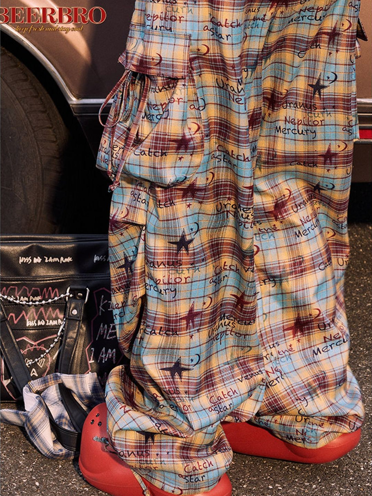 BeerBro Graffiti Plaid Strap Cargo Pants in Sky Blue - On Model