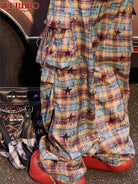 BeerBro Graffiti Plaid Strap Cargo Pants in Sky Blue - On Model