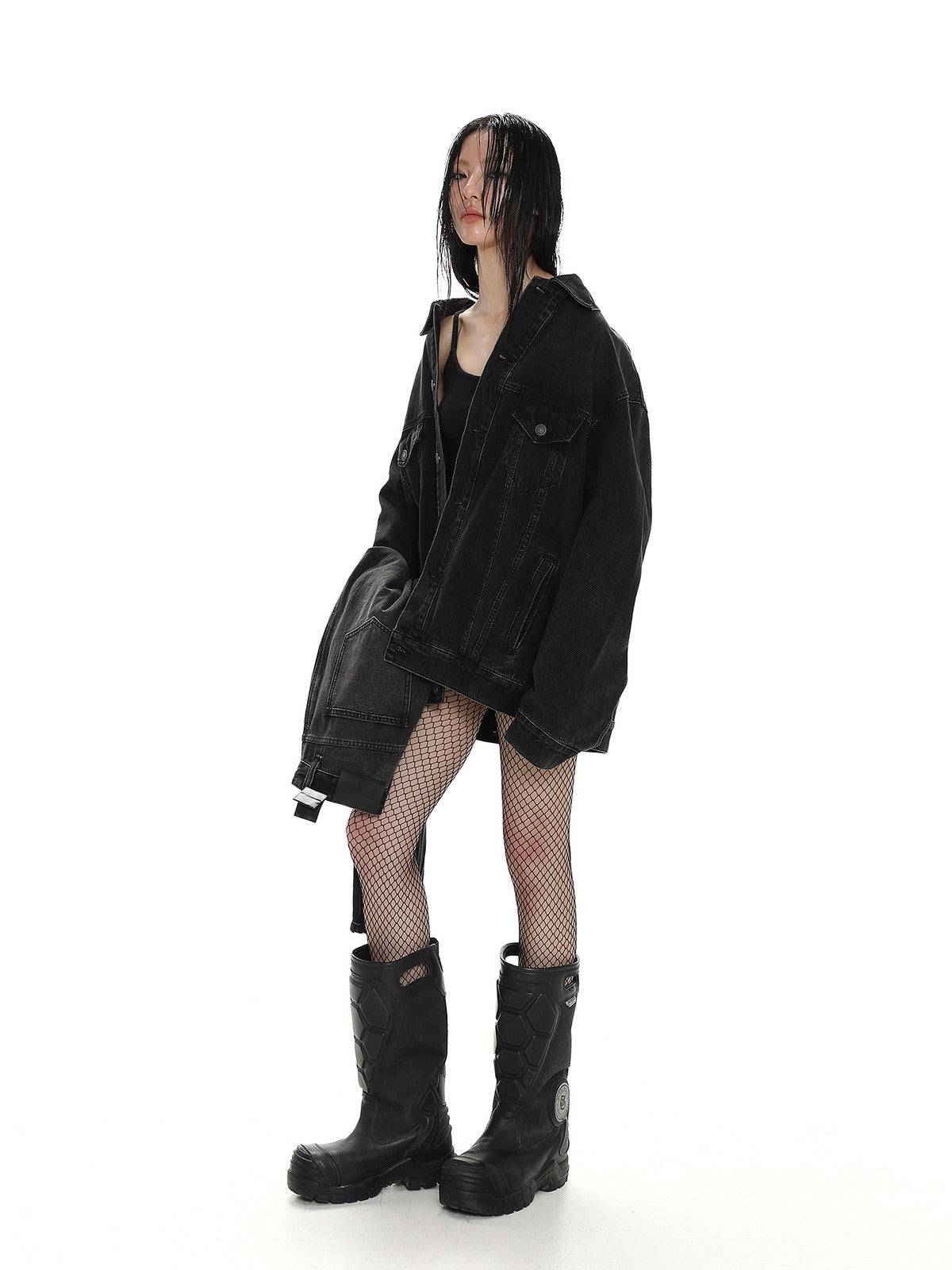 MASONPRINCE Reverse Detail Washed Denim Jacket in Black - On Female Model