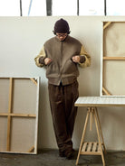 USAGE Reversible Velvet Leather Varsity Jacket in Beige - On Male Model
