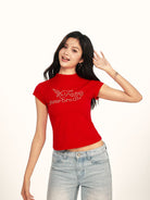 BEERBRO Studded Graphic Mock Neck Tee in Red - On Female Model
