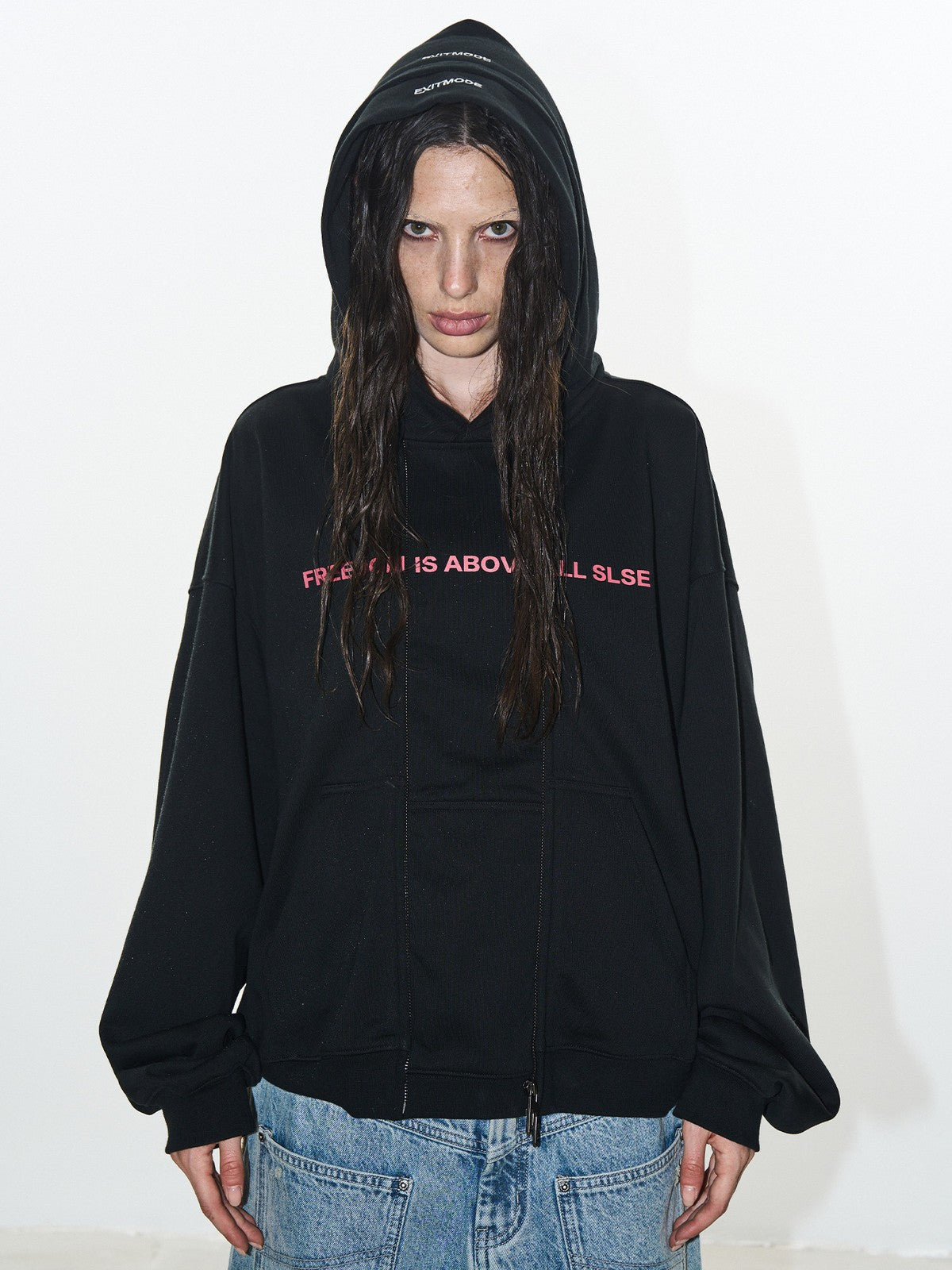 BLINDNOPLAN Faux Double Layer Paneled Hoodie in Black - On Female Model