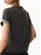 BLINDNOPLAN Embroidered Mock Two Piece T Shirt in Gray - On Female Model