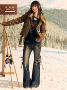 BeerBro Side Lace Up Low Rise Flare Jeans in Blue - On Female Model