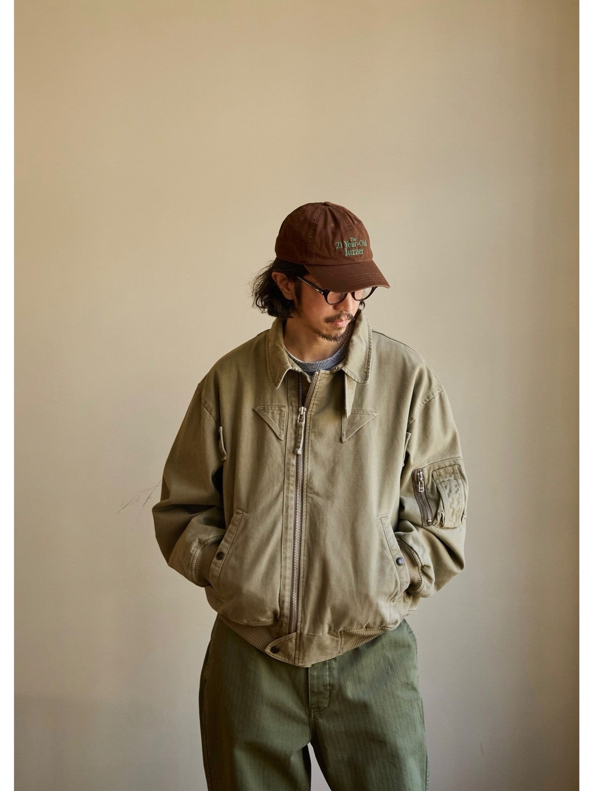 USAGE Washed Cotton Lyocell B 15 Bomber in Khaki - On Male Model