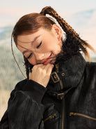 BEERBRO Faux Fur Collar PU Suede Bomber in Black - On Female Model
