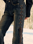 BeerBro Side Lace Up Low Rise Flare Jeans in Blue - On Female Model