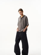 BLINDNOPLAN Hooded Short Sleeve Polo in Gray - On Female Model