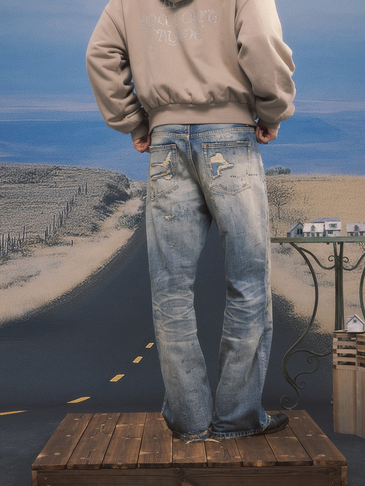 SOD Distressed Graffiti Embroidered Jeans in Blue - On Model
