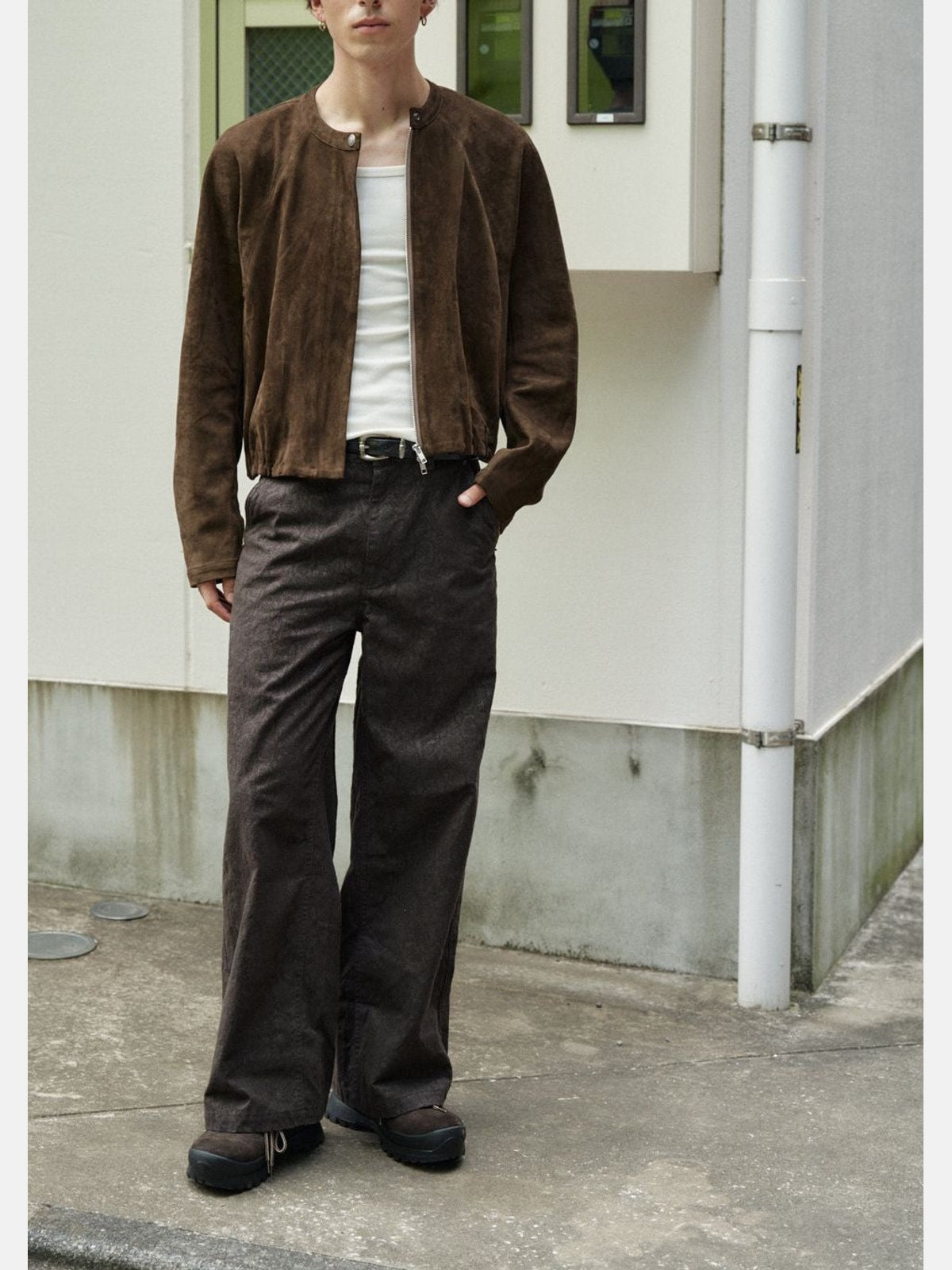 Retro 21 Faux Suede Batwing Balloon Jacket in Brown - On Male Model