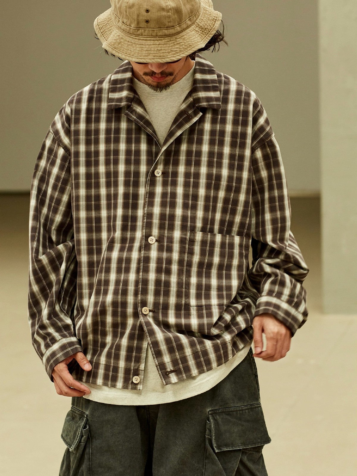 USAGE Gradient Plaid Cotton Blouson in Brown - On Male Model