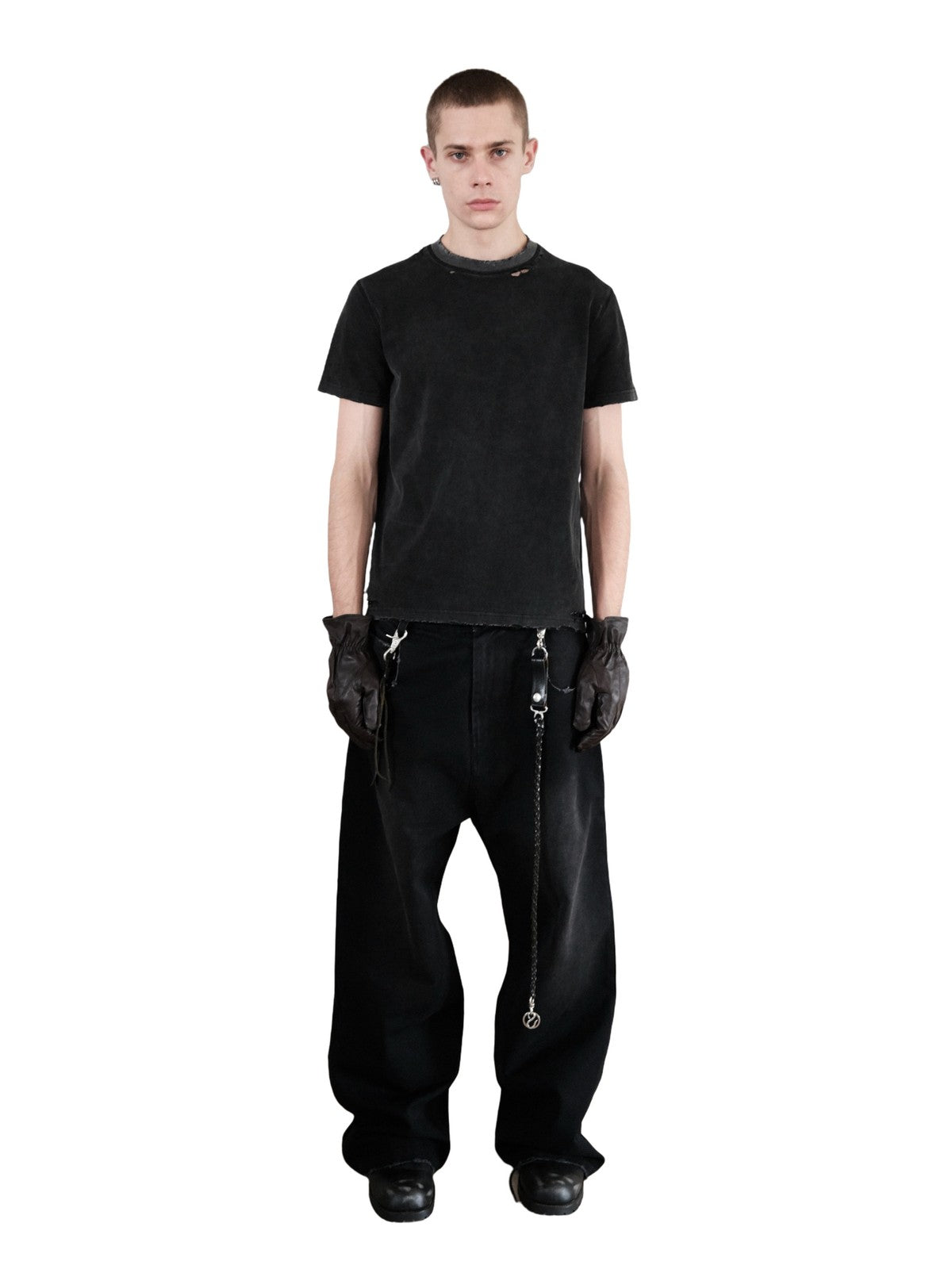 UNKNOWNWORLD Washed Distressed Slim Fit T Shirt in Black - On Male Model