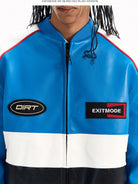 BLINDNOPLAN Color Block Faux Leather Padded Jacket in Blue - On Male Model