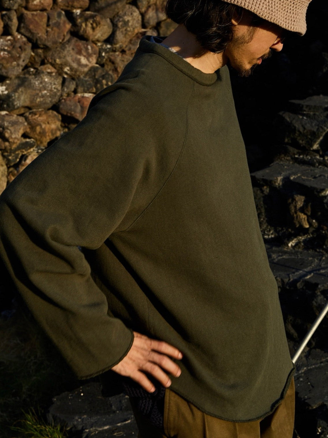 USAGE Slub Cotton Raglan Sweatshirt in Green - On Male Model
