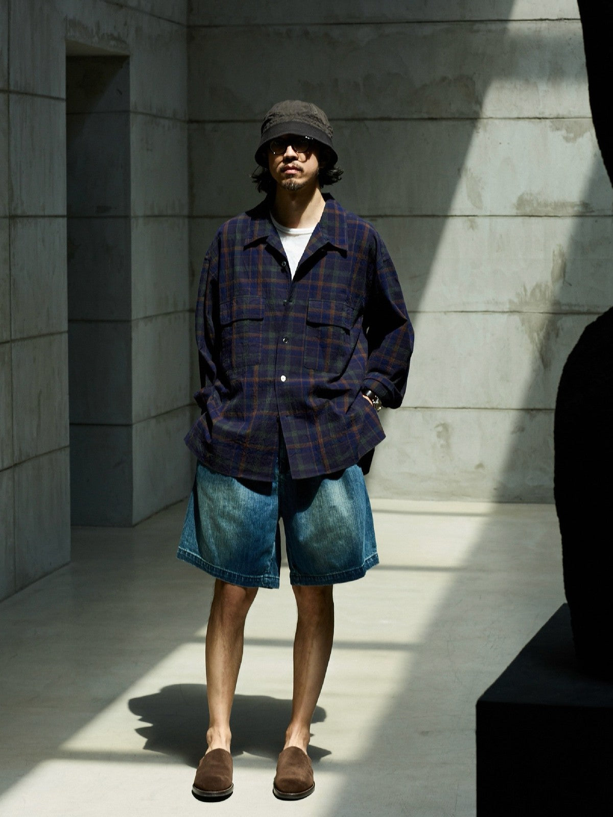 USAGE Washed Crinkle Plaid Open Collar Shirt in Navy Blue - On Male Model