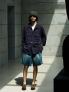 USAGE Washed Crinkle Plaid Open Collar Shirt in Navy Blue - On Male Model