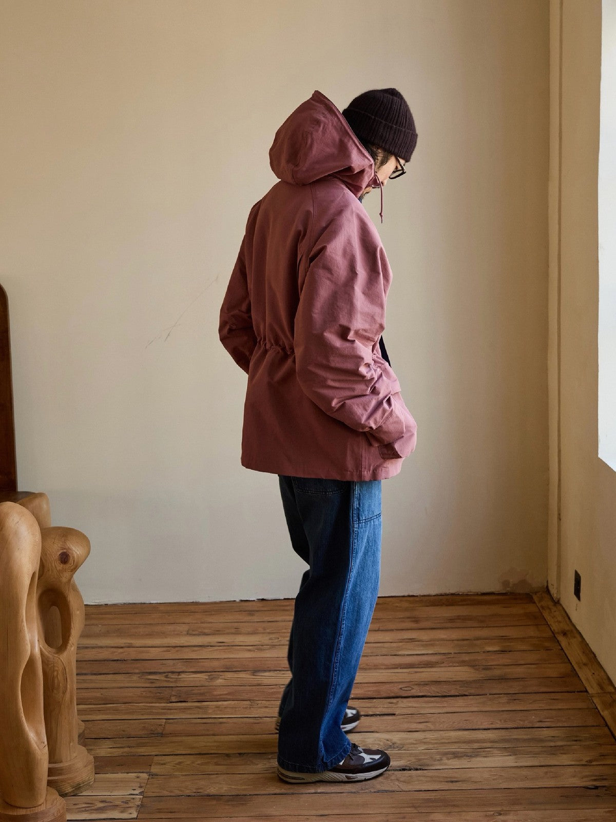 USAGE Cotton Nylon Hooded Mountain Parka in Pink - On Model