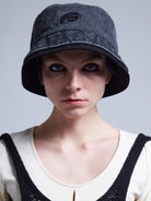 BLACKHEAD Washed Cotton Double Brim Bucket Hat in Gray - On Female Model