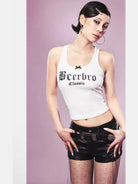 BeerBro Sequin Logo Bow Camisole in White - On Female Model