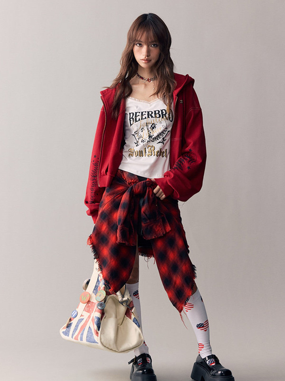 BEERBRO Studded Cross Zip Up Hoodie in Red - On Female Model