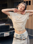 BEERBRO Embroidered Tencel Cinched Tee in Cream - On Female Model