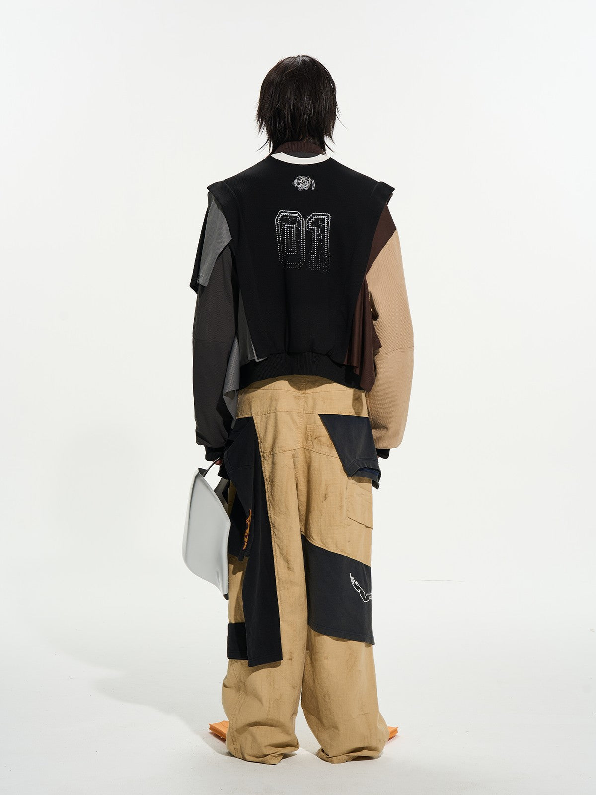 BLINDNOPLAN Reversible Patchwork Bomber Jacket in Beige - On Model