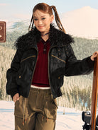 BEERBRO Faux Fur Collar PU Suede Bomber in Black - On Female Model