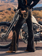 BEERBRO Leopard Panel Lace Up Flare Jeans in Denim - On Female Model