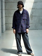USAGE Washed Crinkle Plaid Open Collar Shirt in Navy Blue - On Male Model