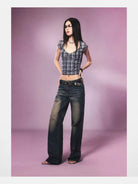 BeerBro Backless Plaid Mesh Top in Gray - On Female Model