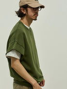 USAGE Raw Edge Cotton Short Sleeve Sweatshirt in Olive - On Male Model