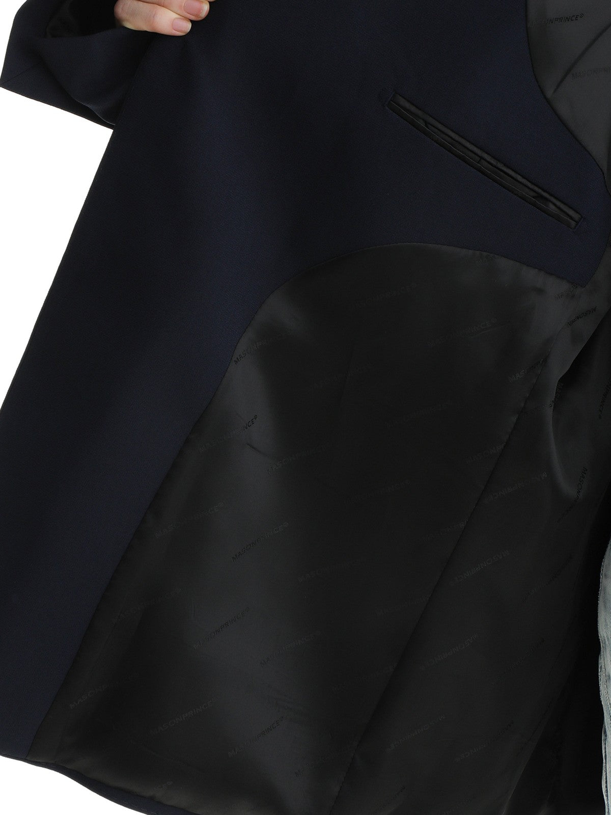 MASONPRINCE Minimalist Textured Two Button Blazer in Navy Blue - On Female Model