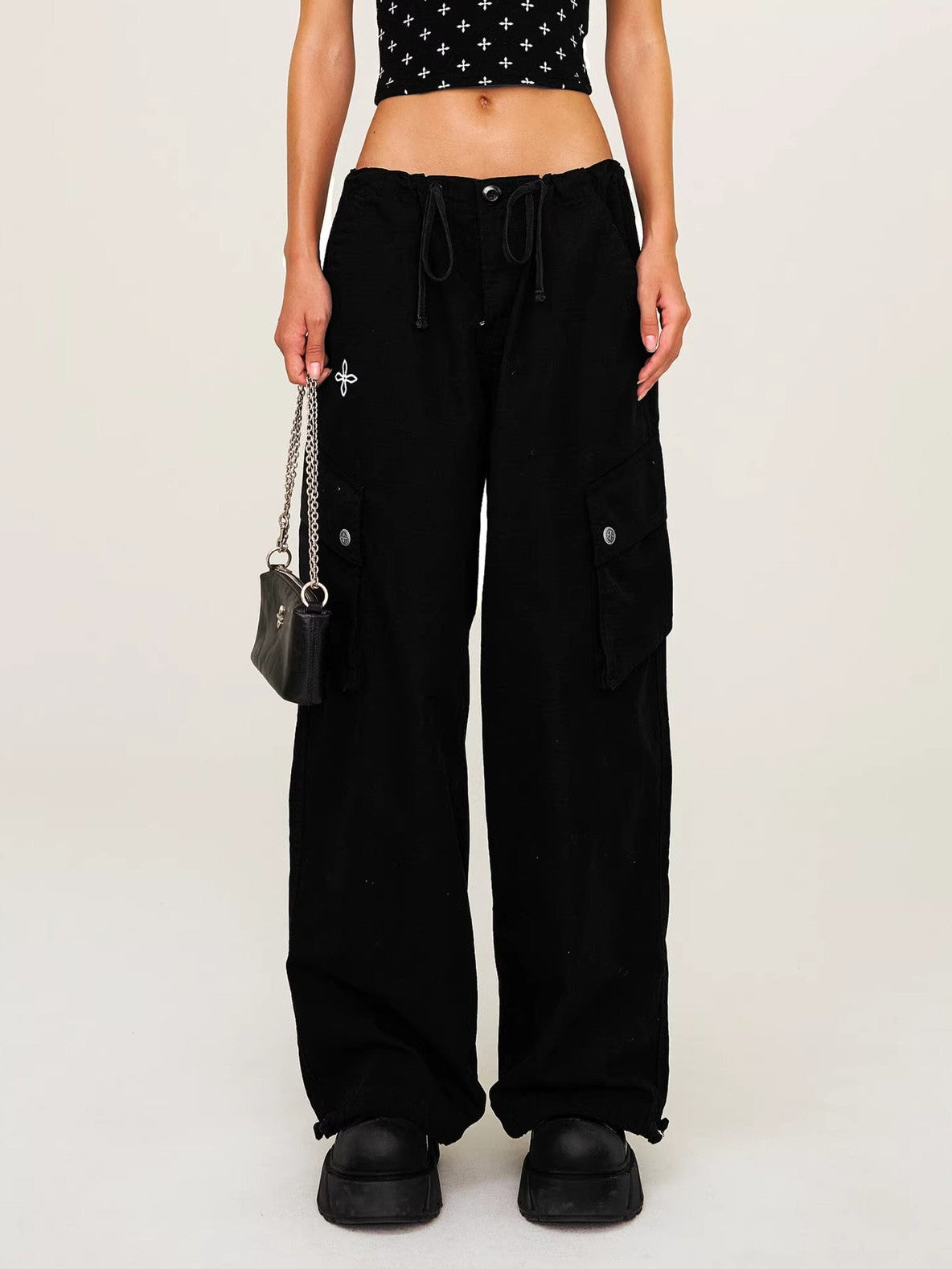 SMFK Wide Leg Parachute Cargo Pants in Black - On Female Model