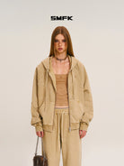 SMFK Washed Cotton Zip Up Hoodie in Beige - On Female Model