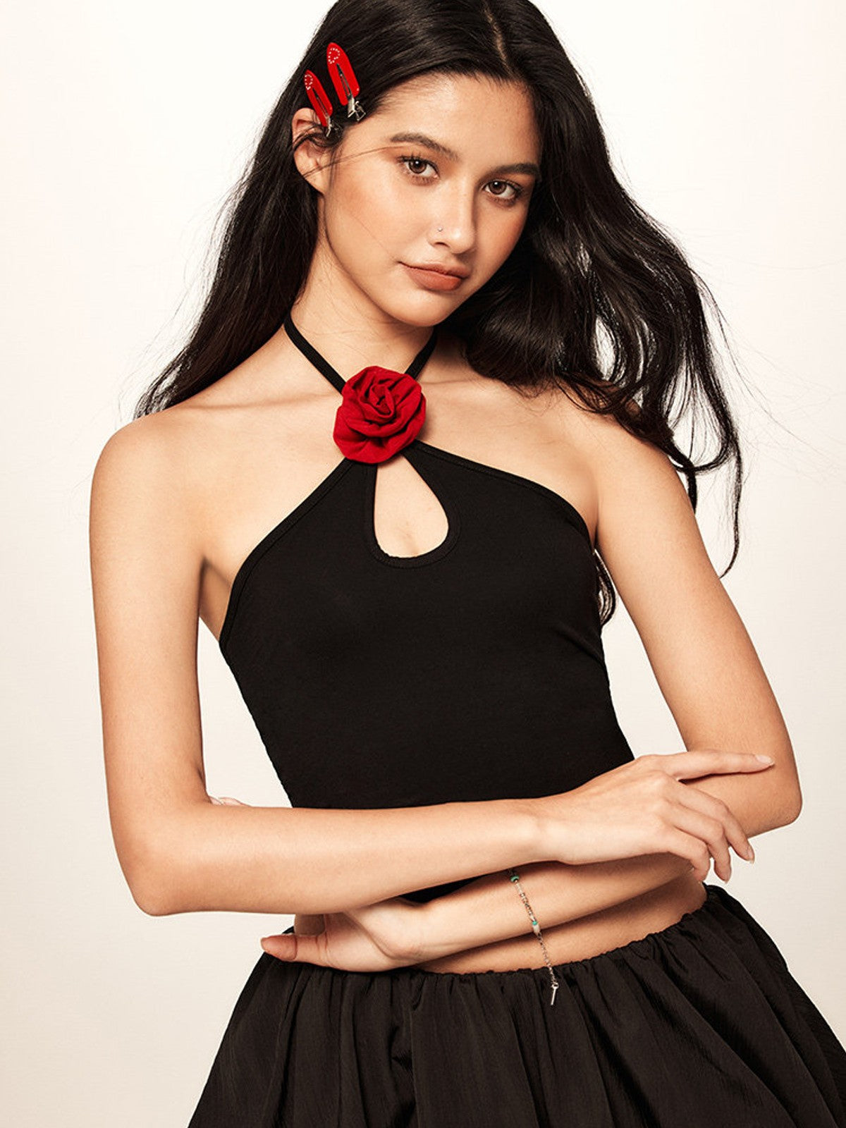 BEERBRO Rose Keyhole Halter Top in Black - On Female Model
