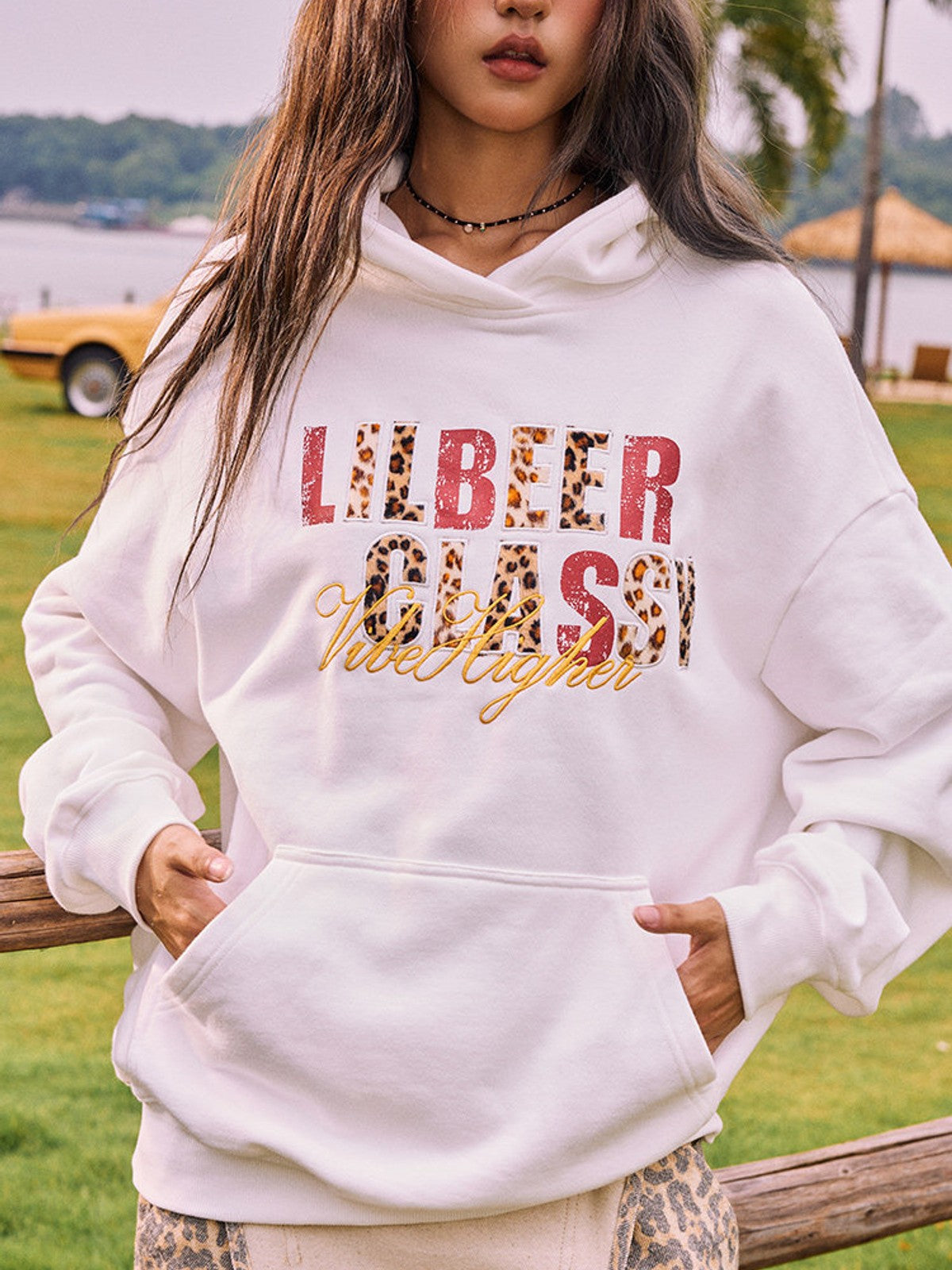 BEERBRO Heavyweight Graphic Print Hoodie in White - On Female Model