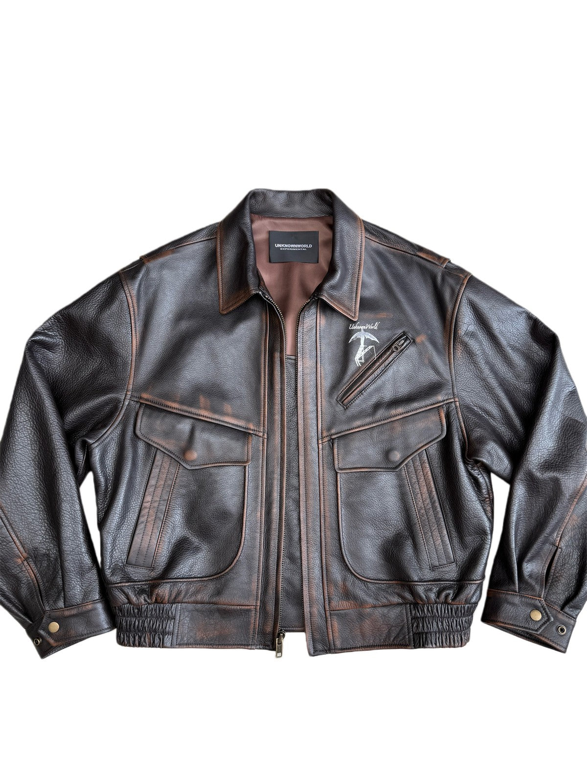 UNKNOWNWORLD Distressed Cowhide Flight Jacket in Brown